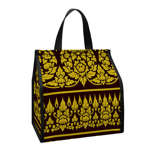 Traditional Thai Flower Pattern Print Insulated Lunch Tote