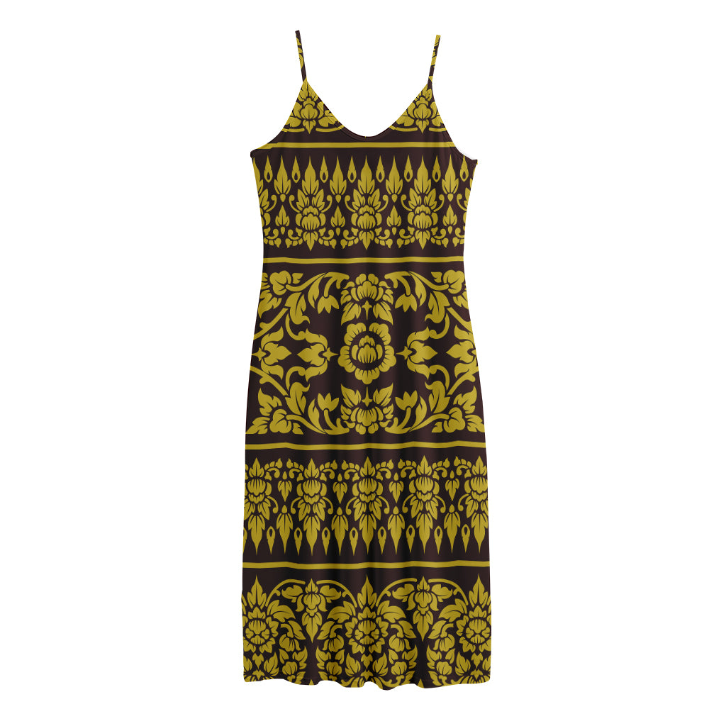 Traditional Thai Flower Pattern Print Jersey Midi Cami Dress