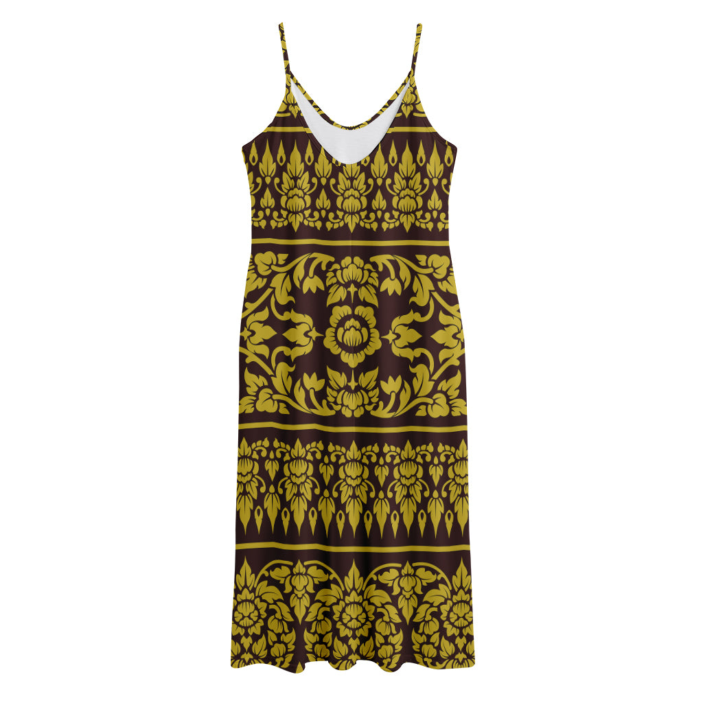 Traditional Thai Flower Pattern Print Jersey Midi Cami Dress