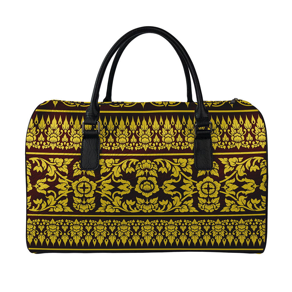 Traditional Thai Flower Pattern Print Leather Duffle Bag