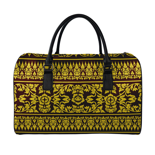 Traditional Thai Flower Pattern Print Leather Duffle Bag