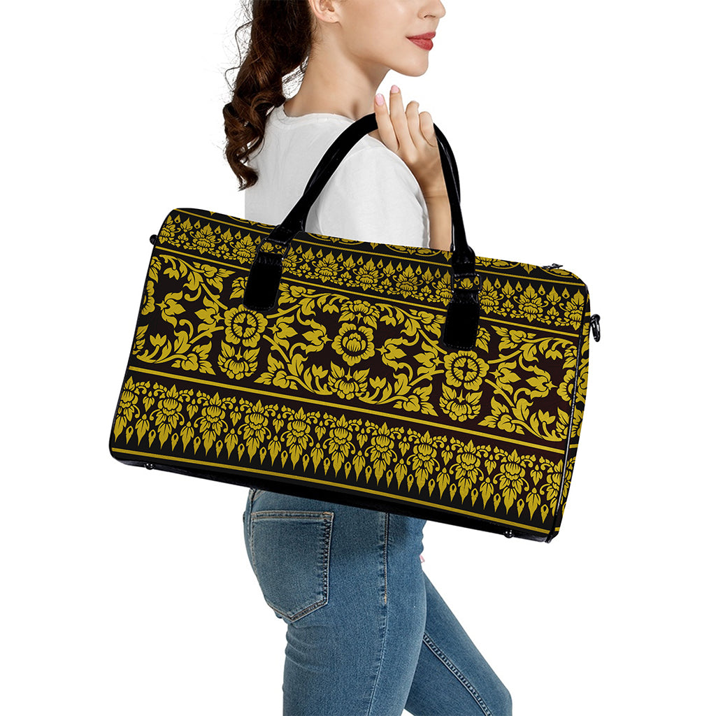Traditional Thai Flower Pattern Print Leather Duffle Bag