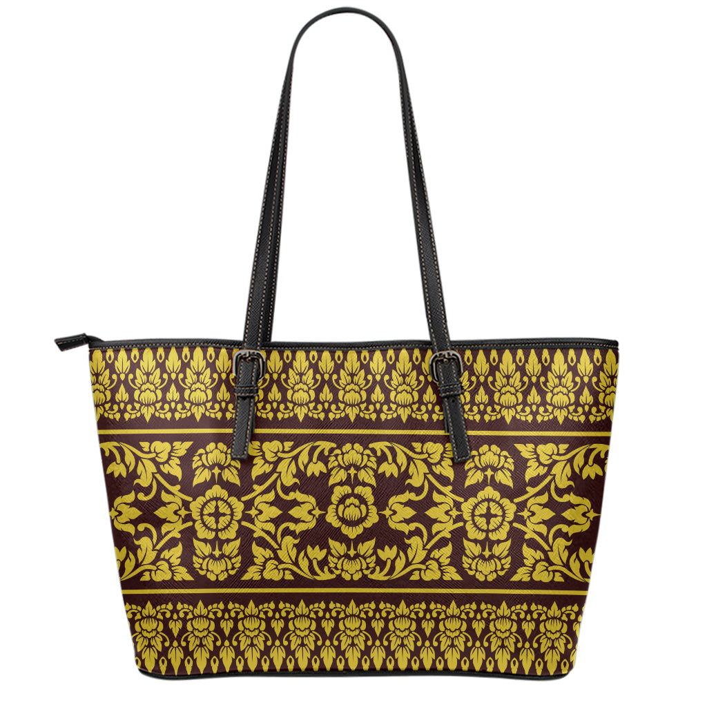 Traditional Thai Flower Pattern Print Leather Tote Bag
