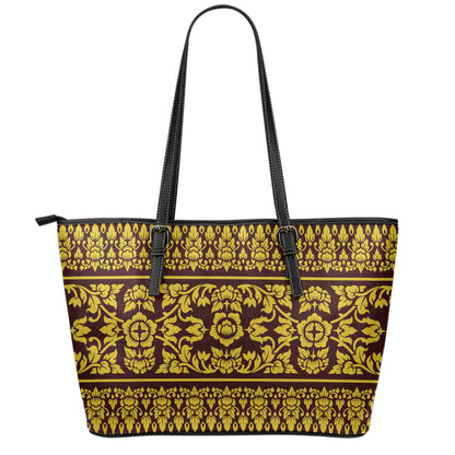 Traditional Thai Flower Pattern Print Leather Tote Bag