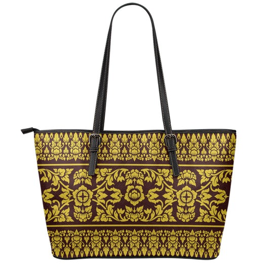 Traditional Thai Flower Pattern Print Leather Tote Bag