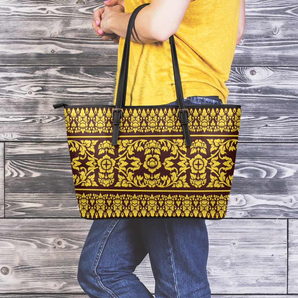Traditional Thai Flower Pattern Print Leather Tote Bag