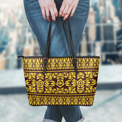 Traditional Thai Flower Pattern Print Leather Tote Bag