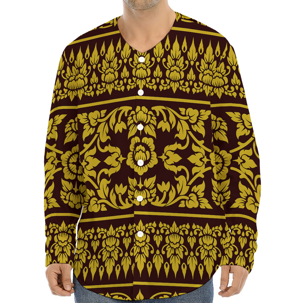 Traditional Thai Flower Pattern Print Long Sleeve Baseball Jersey