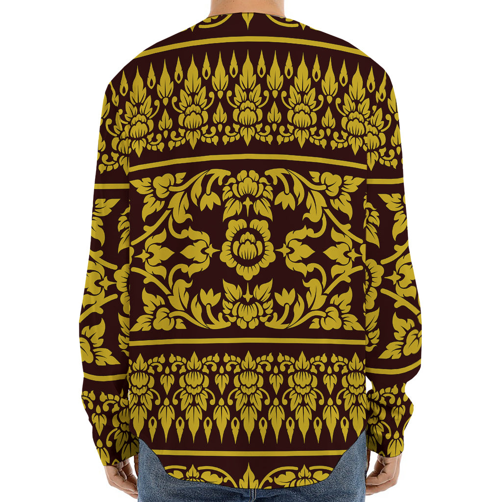 Traditional Thai Flower Pattern Print Long Sleeve Baseball Jersey