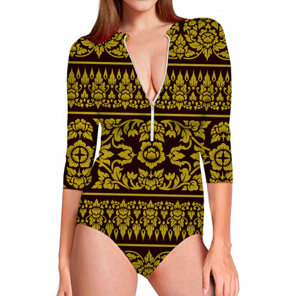 Traditional Thai Flower Pattern Print Long Sleeve Swimsuit