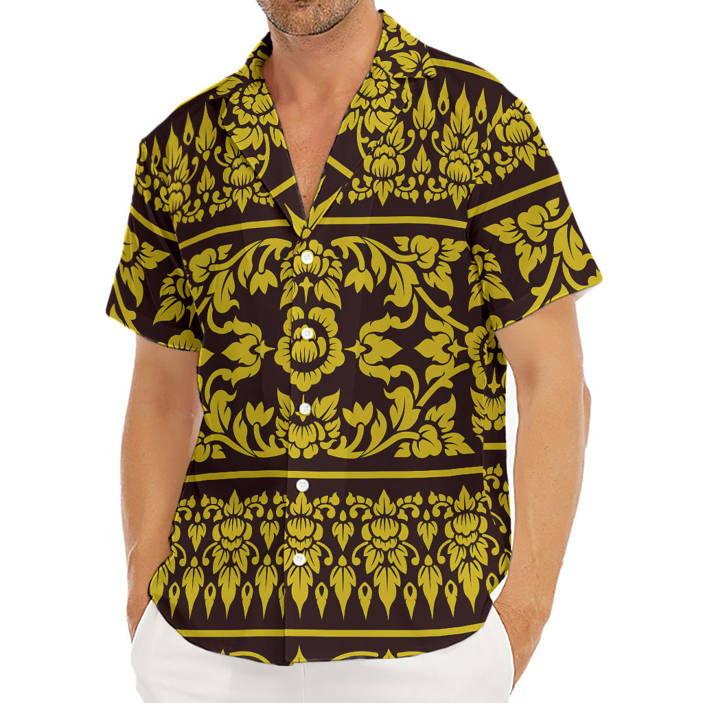 Traditional Thai Flower Pattern Print Men's Deep V-Neck Shirt