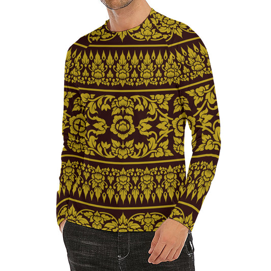 Traditional Thai Flower Pattern Print Men's Long Sleeve Rash Guard