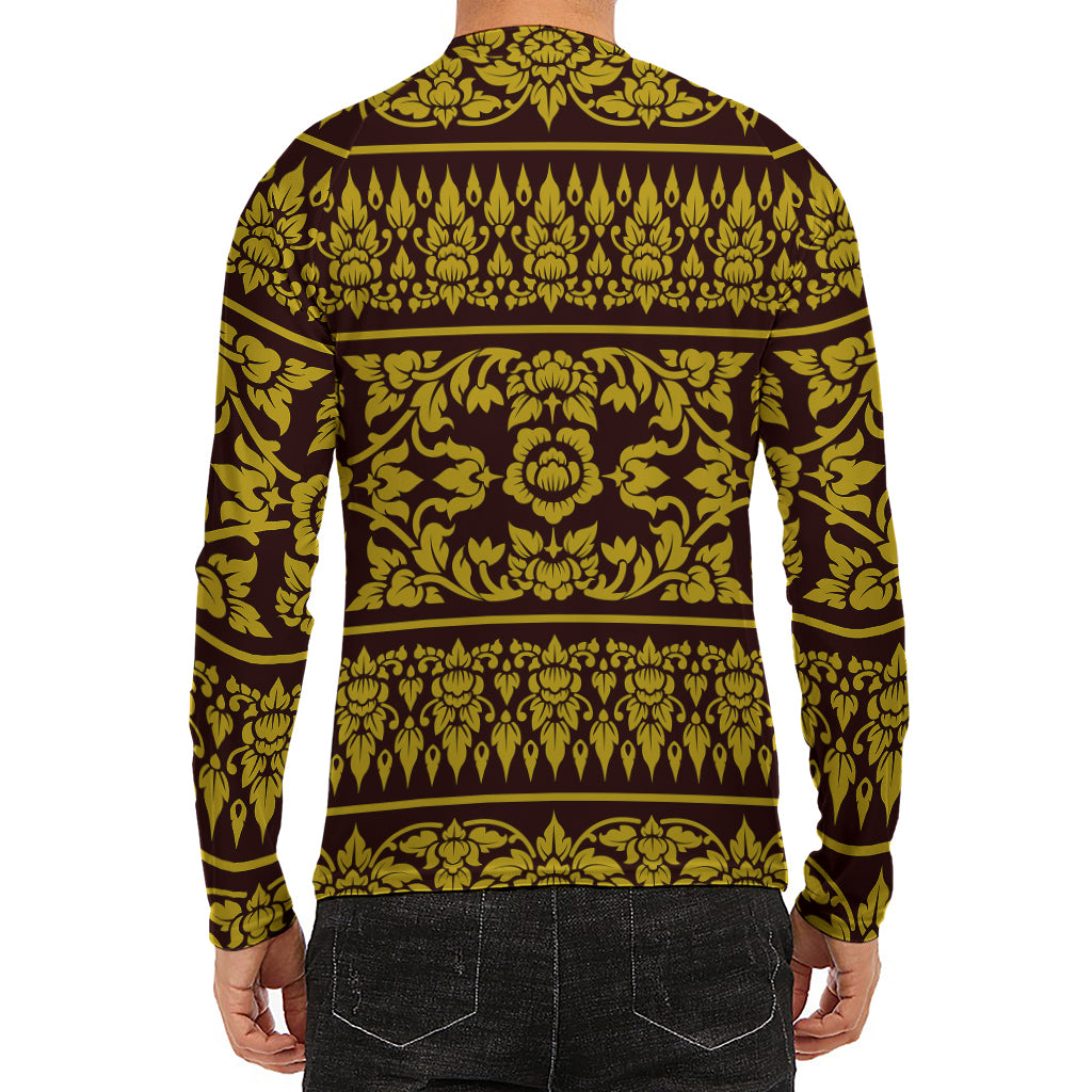 Traditional Thai Flower Pattern Print Men's Long Sleeve Rash Guard