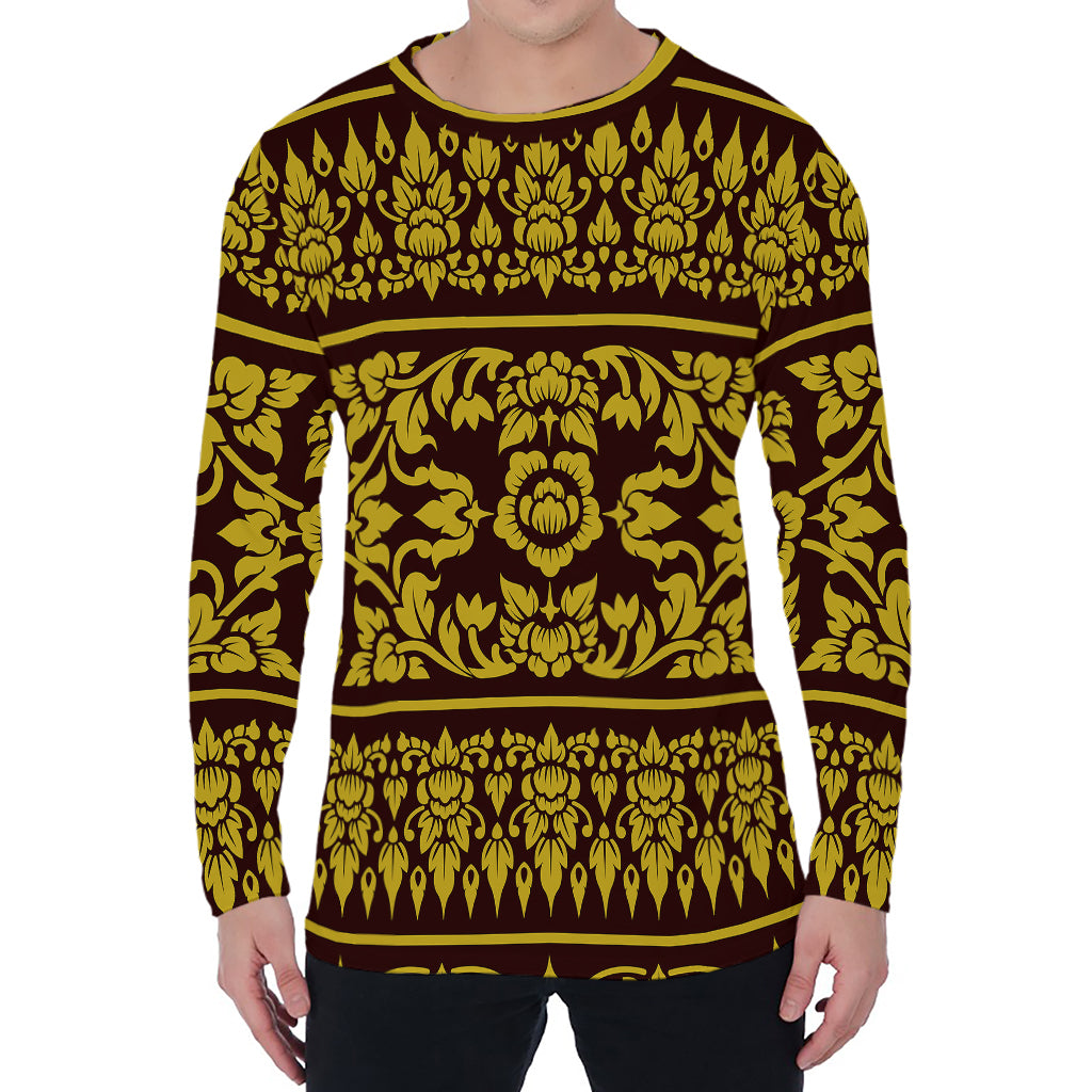 Traditional Thai Flower Pattern Print Men's Long Sleeve T-Shirt