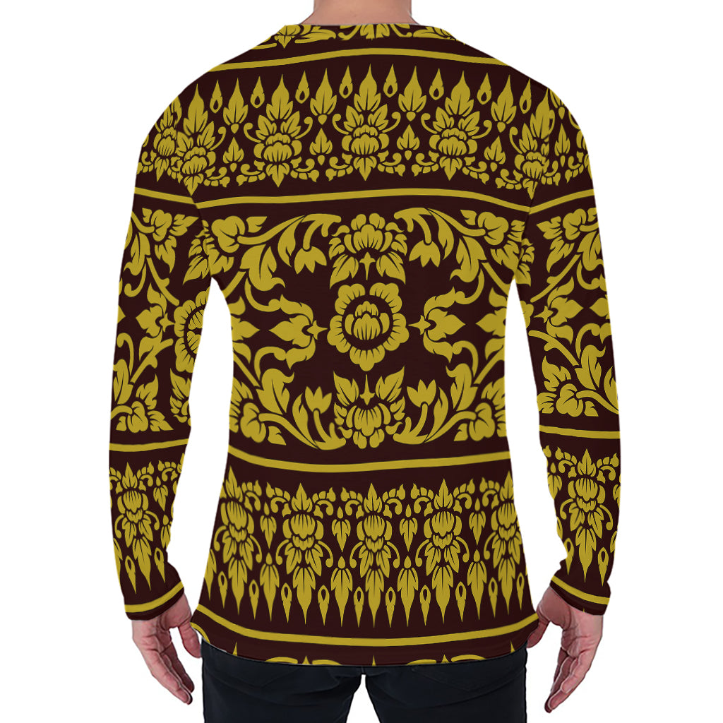 Traditional Thai Flower Pattern Print Men's Long Sleeve T-Shirt