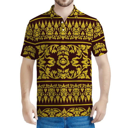 Traditional Thai Flower Pattern Print Men's Polo Shirt