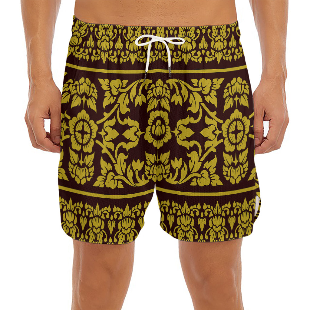 Traditional Thai Flower Pattern Print Men's Split Running Shorts