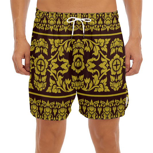Traditional Thai Flower Pattern Print Men's Split Running Shorts