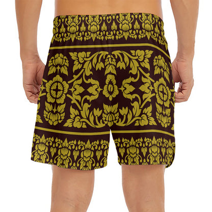 Traditional Thai Flower Pattern Print Men's Split Running Shorts