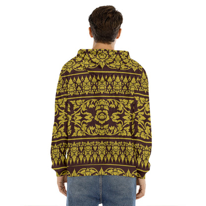 Traditional Thai Flower Pattern Print Men's Velvet Pullover Hoodie