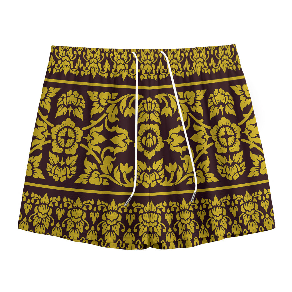Traditional Thai Flower Pattern Print Mesh Shorts