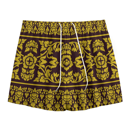 Traditional Thai Flower Pattern Print Mesh Shorts