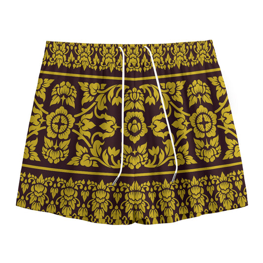 Traditional Thai Flower Pattern Print Mesh Shorts
