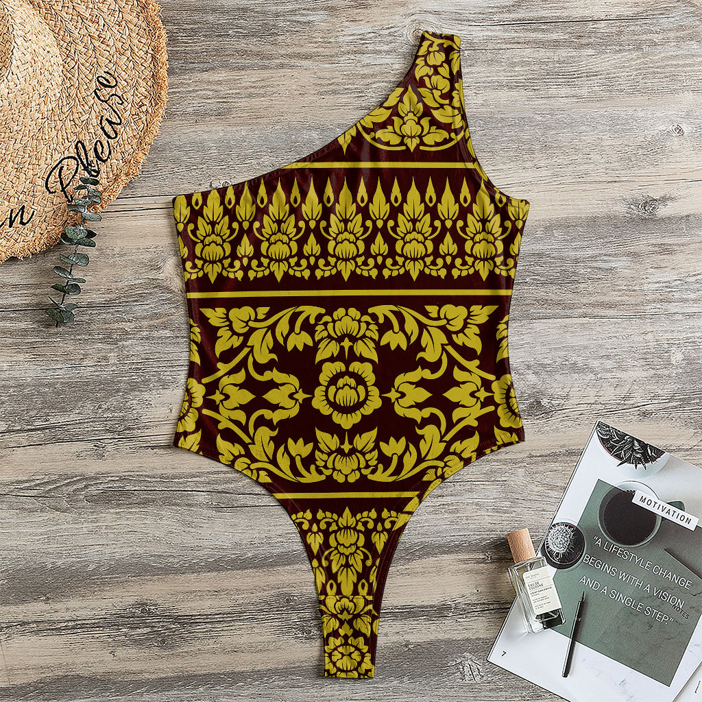 Traditional Thai Flower Pattern Print One Shoulder Bodysuit
