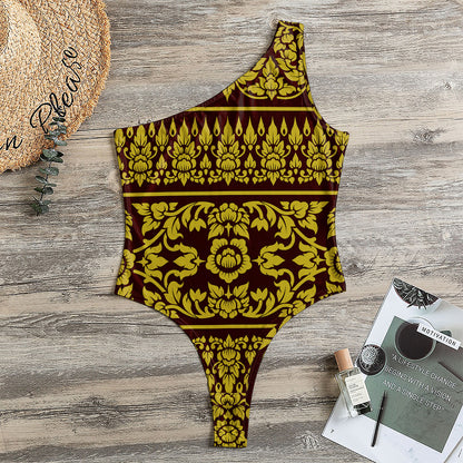 Traditional Thai Flower Pattern Print One Shoulder Bodysuit