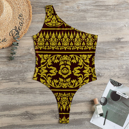 Traditional Thai Flower Pattern Print One Shoulder Bodysuit