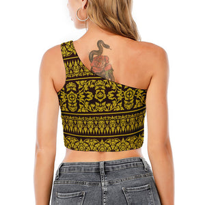 Traditional Thai Flower Pattern Print One Shoulder Crop Top