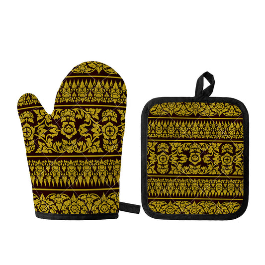 Traditional Thai Flower Pattern Print Oven Mitt And Pot Holder Set