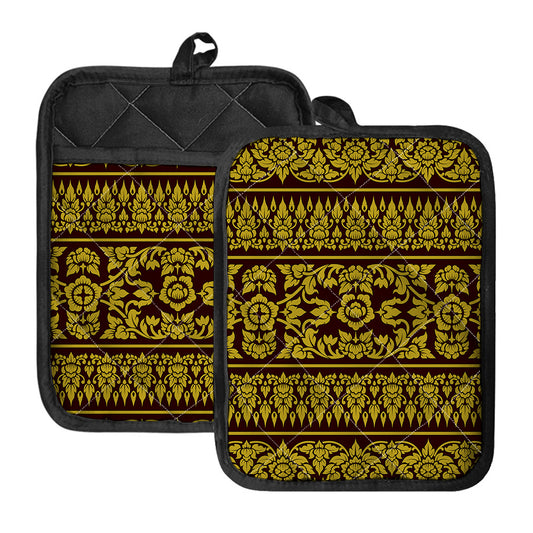 Traditional Thai Flower Pattern Print Pot Holders With Pocket