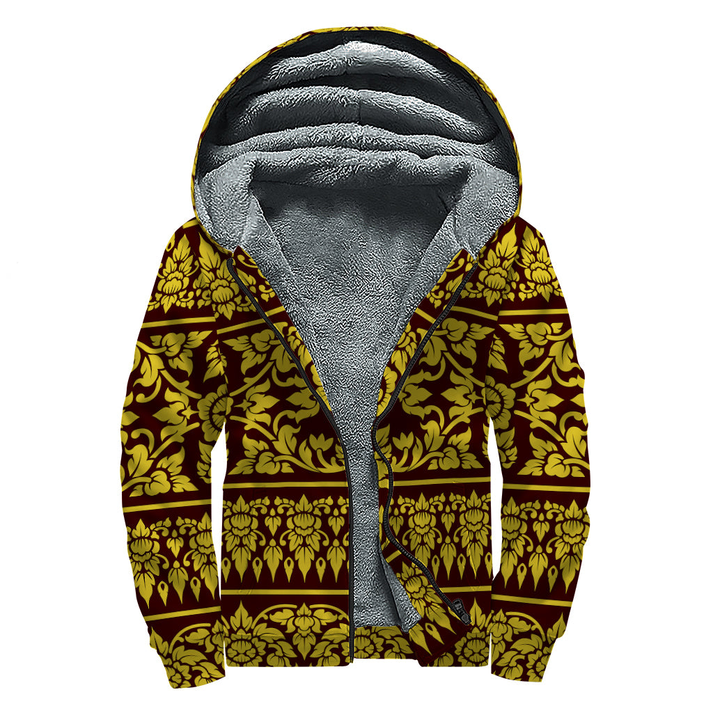 Traditional Thai Flower Pattern Print Sherpa Lined Zip Up Hoodie