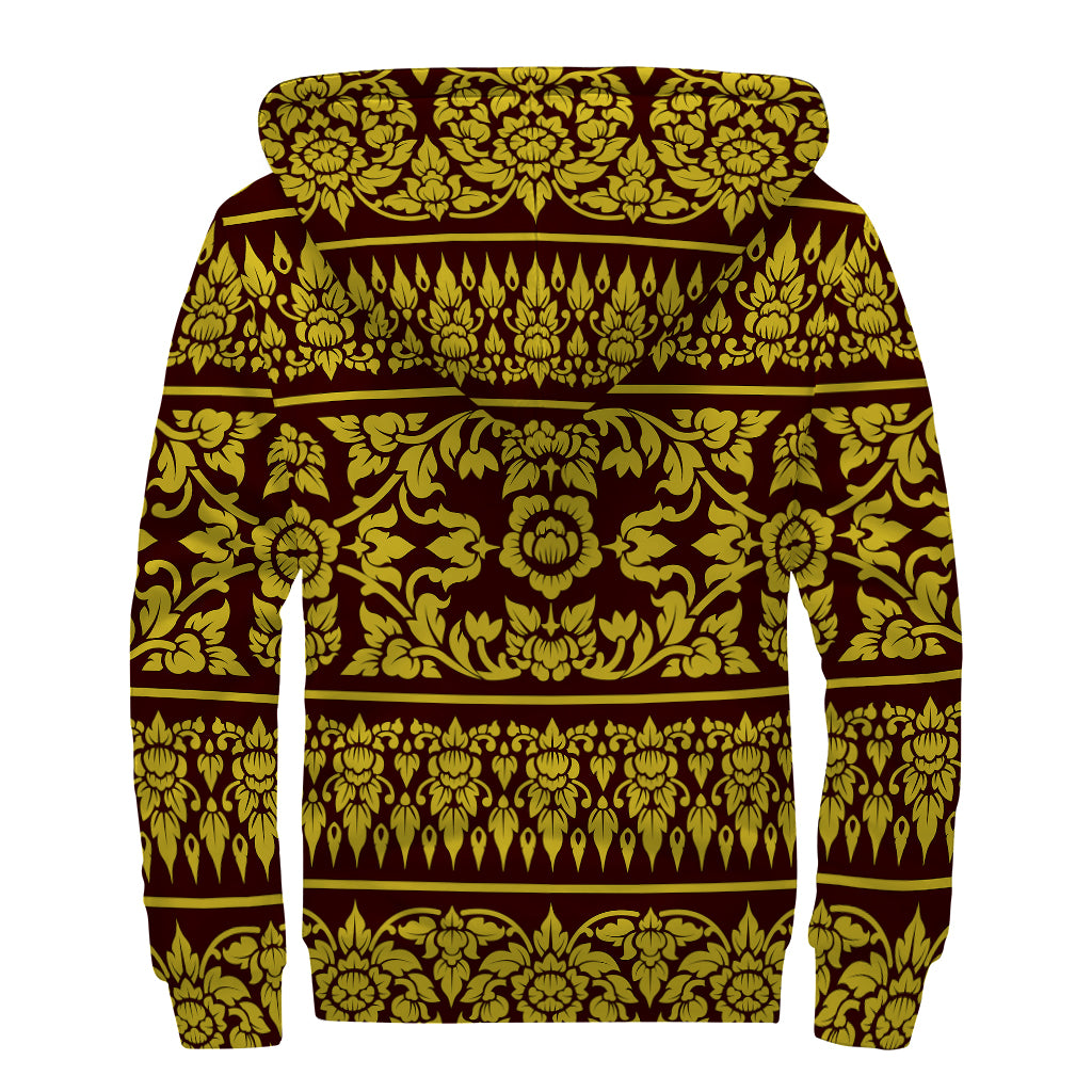 Traditional Thai Flower Pattern Print Sherpa Lined Zip Up Hoodie