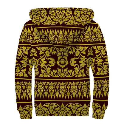 Traditional Thai Flower Pattern Print Sherpa Lined Zip Up Hoodie