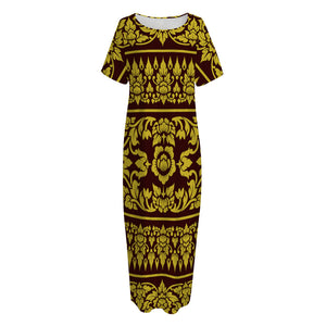 Traditional Thai Flower Pattern Print Short Sleeve Long Nightdress