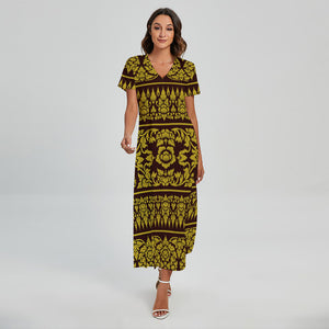 Traditional Thai Flower Pattern Print Short Sleeve Maxi Dress