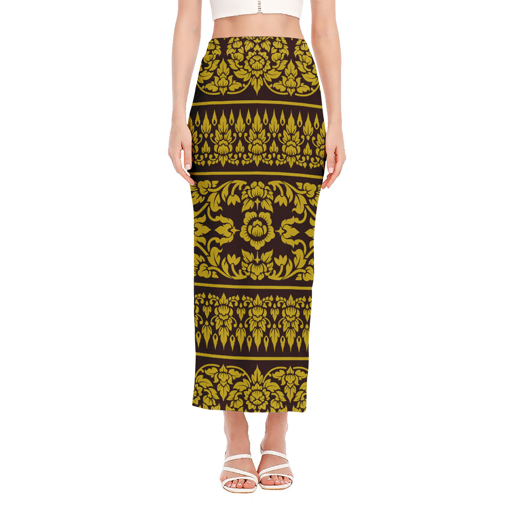 Traditional Thai Flower Pattern Print Side Slit Maxi Skirt