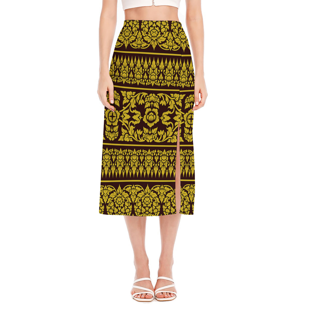 Traditional Thai Flower Pattern Print Side Slit Midi Skirt