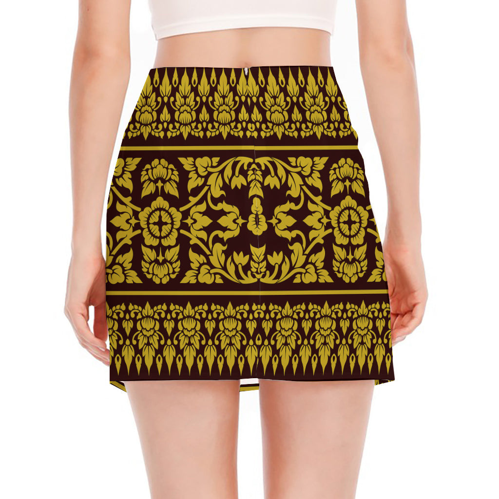 Traditional Thai Flower Pattern Print Side Slit Mini Skirt