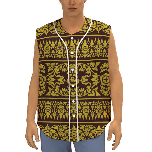 Traditional Thai Flower Pattern Print Sleeveless Baseball Jersey