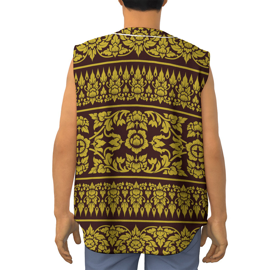 Traditional Thai Flower Pattern Print Sleeveless Baseball Jersey
