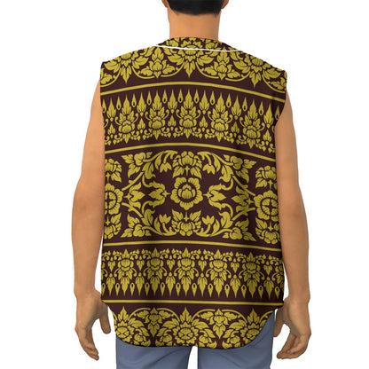 Traditional Thai Flower Pattern Print Sleeveless Baseball Jersey