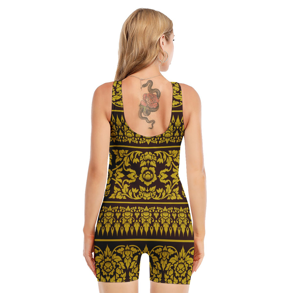 Traditional Thai Flower Pattern Print Sleeveless One Piece Swimsuit