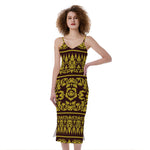 Traditional Thai Flower Pattern Print Slim Fit Midi Cami Dress