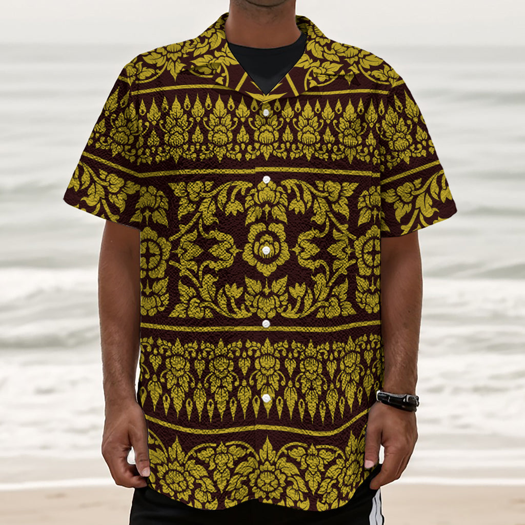 Traditional Thai Flower Pattern Print Textured Short Sleeve Shirt