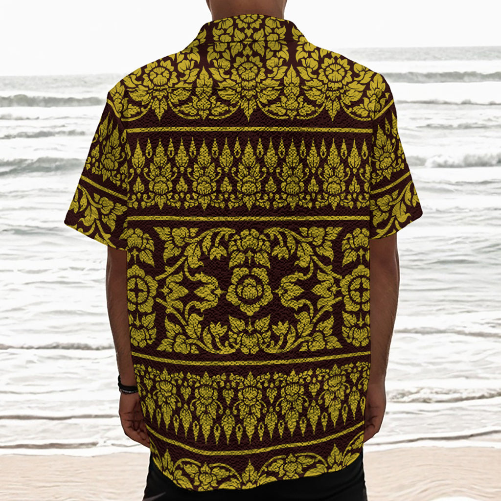 Traditional Thai Flower Pattern Print Textured Short Sleeve Shirt