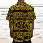 Traditional Thai Flower Pattern Print Textured Short Sleeve Shirt