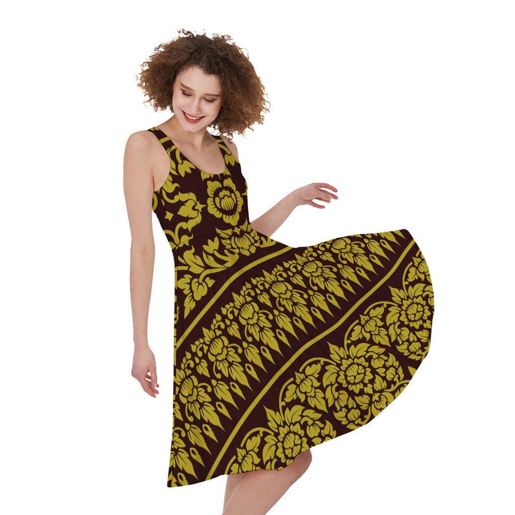 Traditional Thai Flower Pattern Print Women's Sleeveless Dress